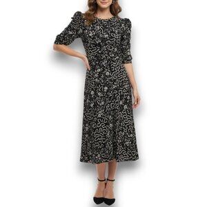 ISABEL MARANT Black Floral Geometric Ruched Silk Midi Dress